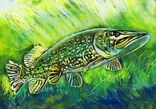 Pike Art Print, Modern Predator Fishing Gift, Hand Signed by Artist A4 A3 