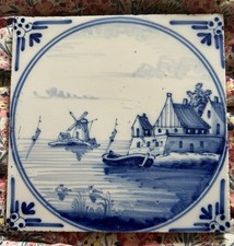Antique Dutch Delft Blue Tile Netherlands Sailing Boat c19th 1850 Excellent #3