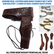 GENUINE REAL LEATHER HAND MADE COWBOY BELT WITH GUN HOLSTER + 2 PAIRS OF SPURS