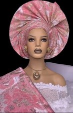 African premium  peach/pink auto gele & ipele weddings & occasions birthdays.