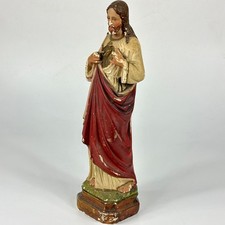 Vintage French Religious Handpainted  Bleeding Heart Jesus Plaster Statue Figure