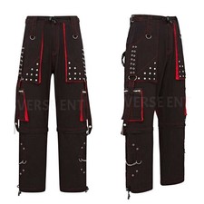 Men Gothic Punk Bondage Pants with Chains – Black Red Alternative Cargo Trousers