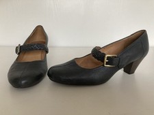 K Blue Leather Mary Jane Heeled Shoes With Woven T Bar Size 6 Extra Wide Fit