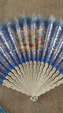 Antique Rococo Hand Painted Folding Fan Bone Sticks Feather 18th Century Style