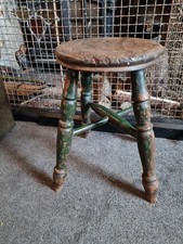 Old Antique Oak Stool With Original Chippy Paint Showing & Plenty Age Character 
