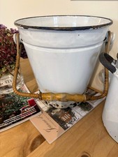 Vintage white enamel bucket watertight with cane handle