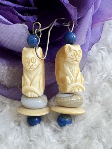 Carved cat blue stone bead - blue,