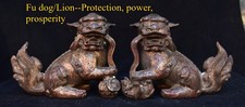 8.4" Old Chinese Copper Fengshui Foo Fu Dog Guardion Lion Statue Pair