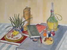 Original Still Life Gouache & Pencil Painting Colour Sketch FK Owen Books Ink 