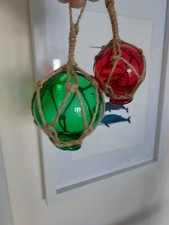 Set of 2 8cm & 5cm Green Red Glass Buoy Fisherman Ball Float Rope Fishing