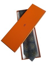 Men's Hermes Neck Tie 100% Silk Boxed Authentic Blue Gold Classic France 