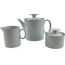 Porcelain Teapot Creamer Sugar Bowl Set Elegant White Silver Trim