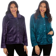 Ladies Plush Fleece Bed Jacket Warm Cosy Embossed Button Up Short Robe Housecoat