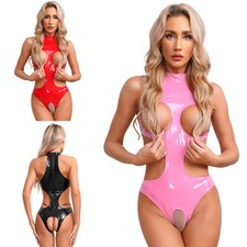 Women Shiny Leather Teddy Bodysuit Open Bust Crotchless Leotard Catsuit Lingerie