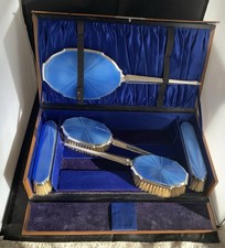 Antique Sterling Silver & Blue Guilloche Enamel Dressing Table Set 1911 & 1946