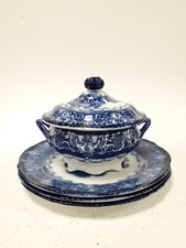 Antique Watteau NW P Co England Blue Transferware Soup Tureen & Plates