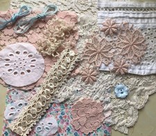 Slow Stitch Fabric Collage  ‘Lace’ Bundle  Fabric Lace Thread