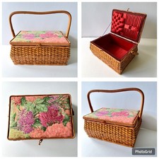 Vintage Wicker Craft Sewing Box Basket Handle Floral Padded Lid Red Satin Lined