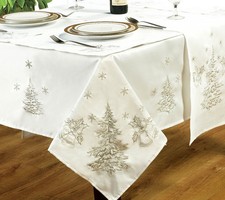 Embroidered Festive Fir Trees White Silver Christmas Tablecloths Table Runner 