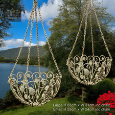 2 Vintage-Style Cream Hanging Baskets – Shabby Chic Metal Ornate Planters