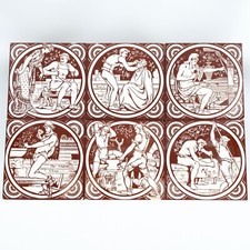 Rare Antique Minton Trades Tiles by James Moyr Smith Set of 6, 15cm Square