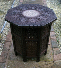 LARGE ANTIQUE  OCTAGONAL FOLDING   ANGLO/ INDIAN   SIDE TABLE CARVED/INLAID TOP
