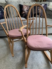Pr Ercol 1960’s Retro Light wood Windsor Quaker Rocking Chairs Original Cushions