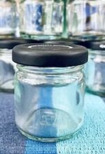 15 EMPTY  LARGER MINI GLASS JAM JARS 42g  BLACK LIDS, PRESERVES/STORAGE/FAVOURS