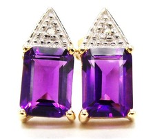 9ct yellow gold amethyst diamond stud earrings real natural stones baguette new