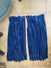 Pair Of Navy Blue Lined Vintage Cotton Velvet Gathered Curtains 110cm By 75cm