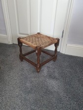 Mid Century Antique Hardwood Oak Woven Seagrass Footstool