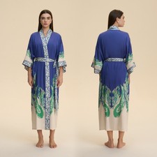 Blue Paisley Satin Kimono Robe