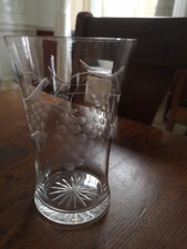 Antique Victorian Tumbler Glass Etched Grape Vine Pattern Star Cut Base c1880 