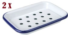 2x Falcon 13x9x2cm Traditional Enamel Soap Dish with Tray - White with Blue Trim
