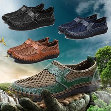 Mens Leather Casual Loafers Breathable Driving Leather Slip On Mesh Shoes Size
