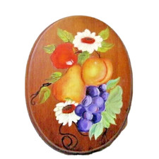 VINTAGE HAND PAINTED WOOD PLAQUE FRUIT KITCHEN ART APPLE PEARS GRAPES FLOWERS 8"
