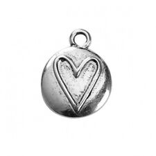 10 Small Pretty Antique Silver Tone Charm Pendants with Heart Detail