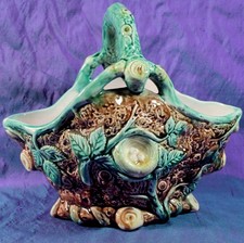 ANTIQUE MAJOLICA POTTERY BASKET BIRDS NEST ENGLISH c1895 perfect