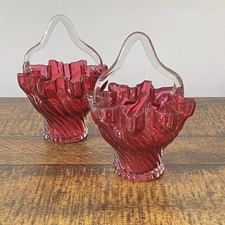2x Small Antique Victorian Cranberry Glass Basket Flower Bowl Vase English Decor