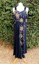 Vintage Long Black Crepe Gold Floral Sequin Strappy Evening Occasion Dress S 14
