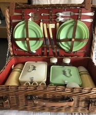 Vintage Coracle wicker picnic hamper and Bandalasta contents