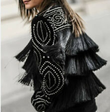 Zara black velvet jacket embellished beaded biker style tassel new size S 10