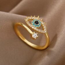 Gold Plated Evil Eye Ring Lucky Turkish Open Ring with Crystal Rhinestones 