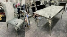2.0m grey marble Louis dining table with x6 grey velvet louis style chair