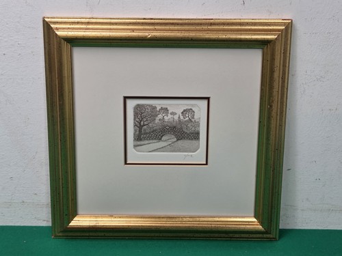 Framed river bridge etching - river,
