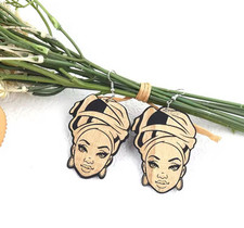 Afrocentric Fashion Earrings Ethnic Laser  Cut Wood - African Woman Headwrap