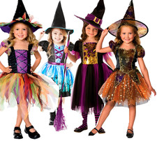 Girls Witch Costume Halloween Witches Fancy Dress Kids Outfit + Hat Cute