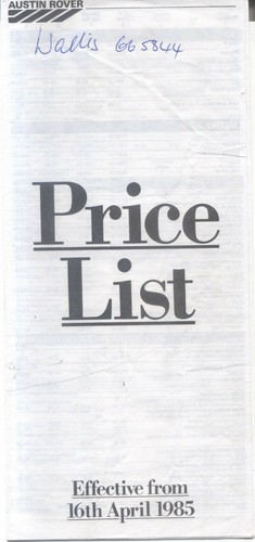 Austin rover price list 1985 - price,