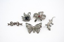 Sterling Silver Brooches Marcasite Garnet Lizard Butterfly Swan Bow x 5 (35g)