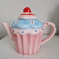 Cupcake Teapot  6" Whimsical pink cupcake teapot Floral polka dot cherry top.